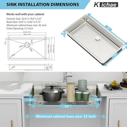 32 Kitchen Sink Undermount Workstation - Kichae 32x19x5 Undermount Kitchen Sinks Shallow Ledge Workstation 16-Gauge Stainless Steel Deep Single Bowl Under Counter Handmade Basin