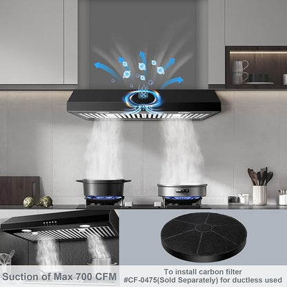 SNDOAS Under Cabinet Range Hood 30 inch,Black Range Hood with 430 Spray-Painted Stainless Steel,3-speed Fan & 700 CFM Kitchen Hood,Ducted/Ductless Range Hoods with 3-Venting,Baffle Filters