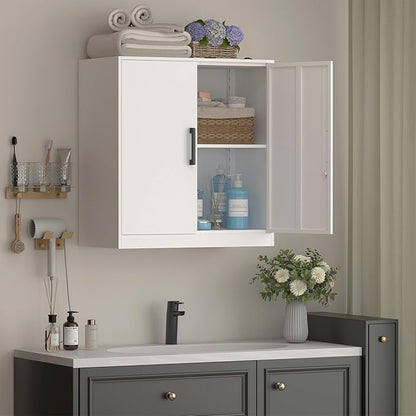 IRONFFICE Wall Cabinet,Lockable Storage Cabinets with Adjustable Shelf,Locking Wall Storage Cabinet with Doors for Laundry Room,Home Office,White