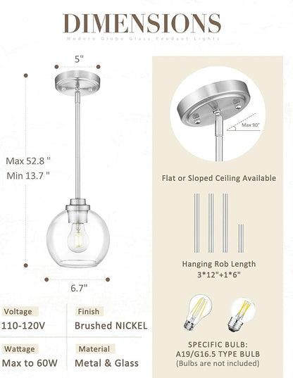 Globe Pendant Light Fixture, Modern Brushed Nickel Hanging Light with Clear Glass for Kitchen Island Dining Room Bedroom Hallway Foyer (1 Pack), PL101BN-2PK