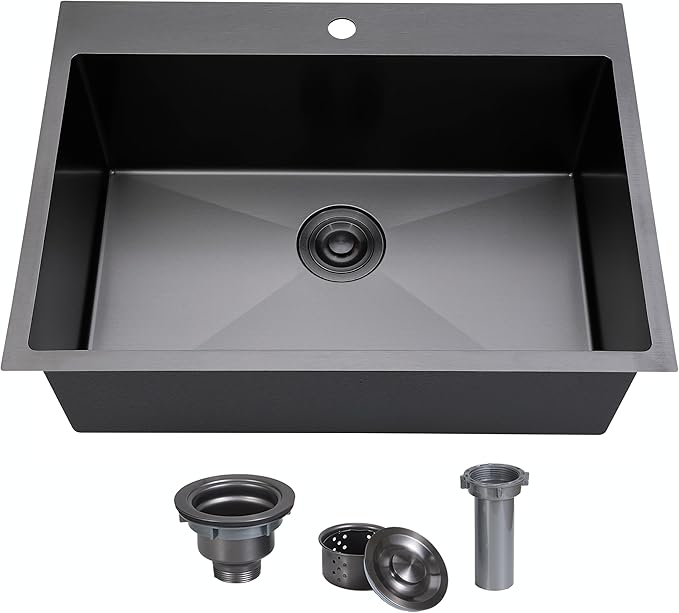SHACO 33x22 Black Drop In Kitchen Sink, 33 Inch Large Top Mount Gunmetal Black Farmhouse Sink, Single Bowl Basin 16 Gauge SUS304 Stainless Steel Wet Bar Prep Sink