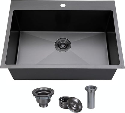 SHACO 33x22 Black Drop In Kitchen Sink, 33 Inch Large Top Mount Gunmetal Black Farmhouse Sink, Single Bowl Basin 16 Gauge SUS304 Stainless Steel Wet Bar Prep Sink