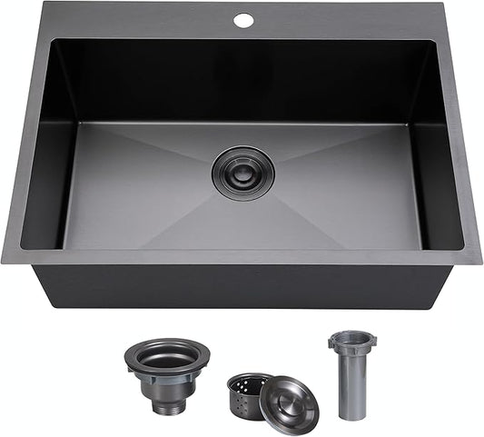 SHACO 33x22 Black Drop In Kitchen Sink, 33 Inch Large Top Mount Gunmetal Black Farmhouse Sink, Single Bowl Basin 16 Gauge SUS304 Stainless Steel Wet Bar Prep Sink