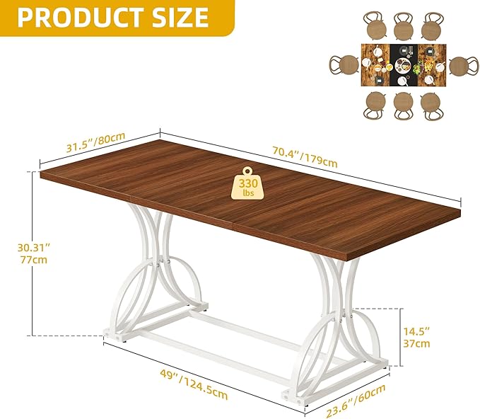 DWVO 70.3" Large Modern Dining Table for 6-8 People, Rectangular Walnut Kitchen Dining Room Table with Thick Tabletop and White Geometric Metal Legs, Farmhouse Wood Dinner Tables