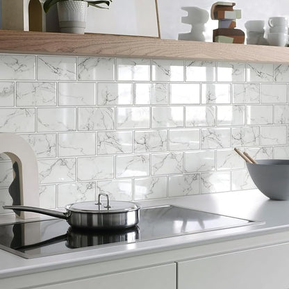 STICKGOO 10-Sheet Subway Tiles Peel and Stick Backsplash, Marble Look Stick on Tiles Kitchen Backsplash (Thicker Design)