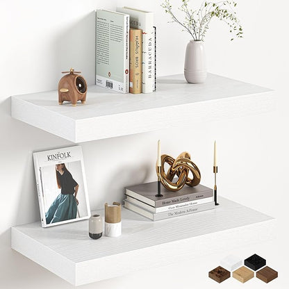 Fun Memories 12 Inch Deep White Floating Shelf, 24 x 12 Rustic Wood Wall Shelf for Books, 2" Thick Deep Floating Shelf for Storage & Display in Kitchen, Living Room, Bedroom, 2 Packs