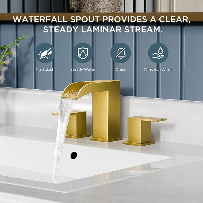 QFN Brushed Gold Bathroom Faucet 3 Hole, 8 Inch Widespread Square Bathroom Sink Faucet with Metal Pop-up Drain and 24" CUPC Supply Line, Lead-Free 2 Handles for Vanity, Restroom, Lavatory and Mall