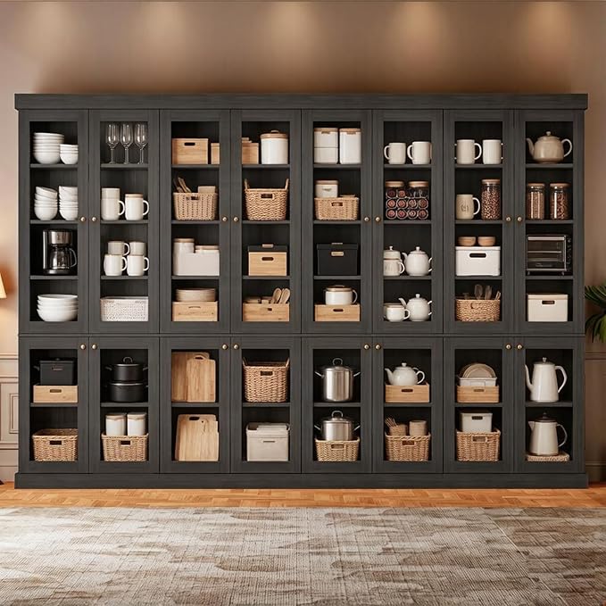 70.8" Farmhouse Kitchen Pantry Cabinet with Glass Doors, Modular Storage Cabinet with 6-Tier Adjustable Shelves, Large Storage Cabinet for Kitchen or Living Room, Set of 4, Black