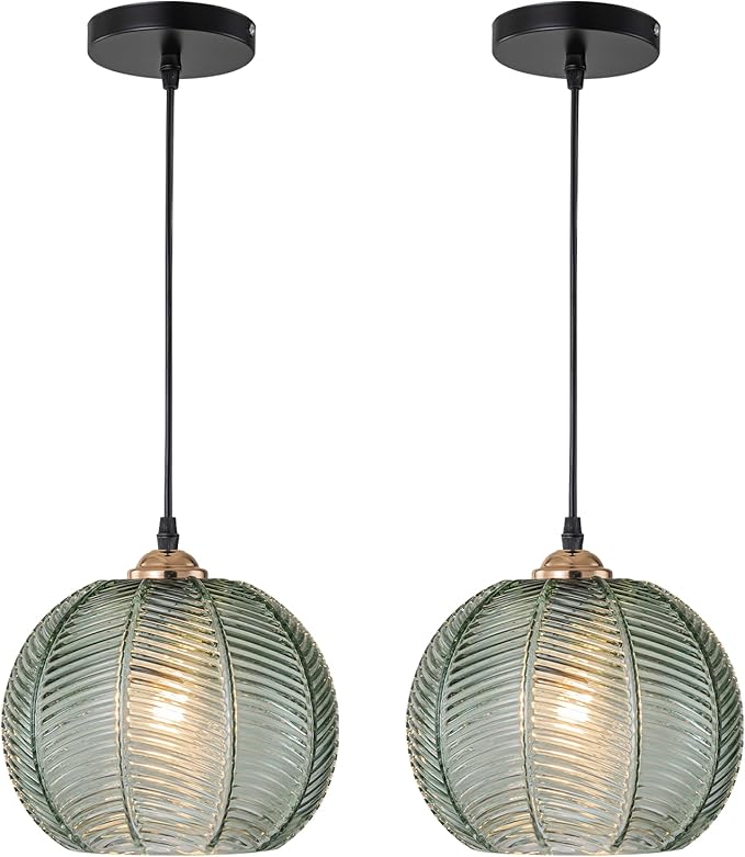 Green Glass Pendant Light Set of 2 Modern Globe Pendant Lighting Farmhouse Gold Pendant Light Hand-Blown Ribbed Chandelier Kitchen Island Lighting for Dining Room Bar