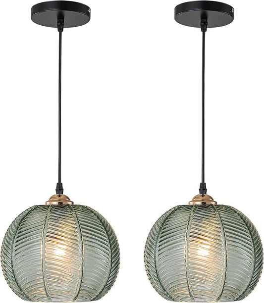 Green Glass Pendant Light Set of 2 Modern Globe Pendant Lighting Farmhouse Gold Pendant Light Hand-Blown Ribbed Chandelier Kitchen Island Lighting for Dining Room Bar