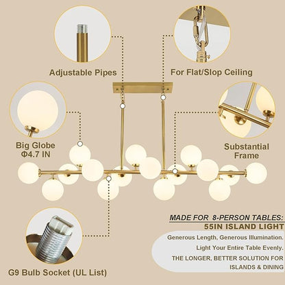 Mid Century Modern Chandelier 55in Linear Gold Pendant Lighting Fixture Linear Chandeliers for Kitchen Island, Dining Room 16-Light
