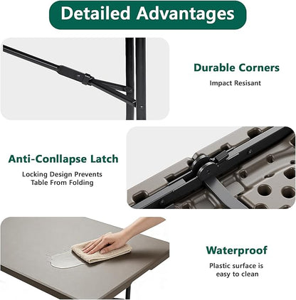 Folding Table 72" x 30" - Heavy Duty Plastic Table with Handle, Foldable&Portable, Fold-in-Half Utility Tables for Outdoor, Dining, Wedding, Events, Indoor, Picnic, Camping, Party, Khaki