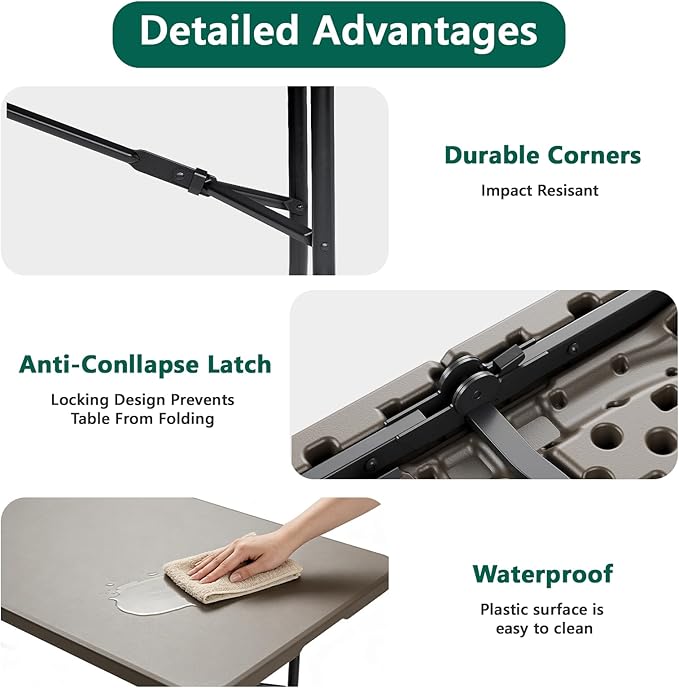 Folding Table 6ft - Heavy Duty Plastic Table with Handle, Foldable & Portable, Fold-in-Half Utility Tables for Outdoor, Dining, Wedding, Events, Indoor, Picnic, Camping, Party (Khaki)