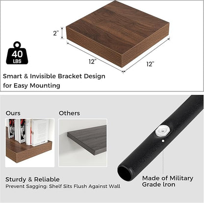 Venusmiles Square Floating Shelves for Wall, 12" W x 12" D x 2" H, 2 Pack, Small Wall Mounted Engineered Wood Shelves with Invisible Brackets for Living Room, Bedroom, Bathroom, Kitchen Decor, Walnut