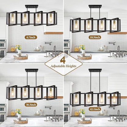4-Light Dining Room Light Fixture, 53’’ Farmhouse Wood Chandelier Kitchen Island Lighting Over Table, Modern Black Gold Rectangular Hanging Pendant Light Fixture for Living Room, E26 Sockets
