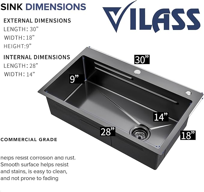 Black Kitchen Sink 30 Inch Gunmetal Black Drop In Kitchen Sink with Faucet Combo Modern Workstation Stainless Steel Sink Top Mount Single Bowl Farmhouse Kitchen Sinks