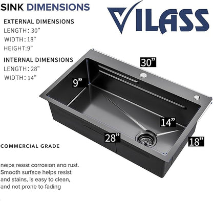 Black Kitchen Sink 30 Inch Gunmetal Black Drop In Kitchen Sink with Faucet Combo Modern Workstation Stainless Steel Sink Top Mount Single Bowl Farmhouse Kitchen Sinks