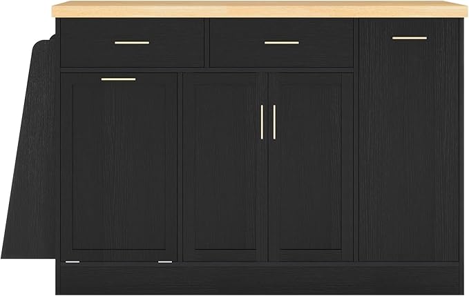 Multi-Functional Storage Sideboard – Stylish Kitchen Island Table with Trash Can Storage, Sliding Door Cabinet & 3-Tier Spice Rack for Kitchen & Dining Room(Black)