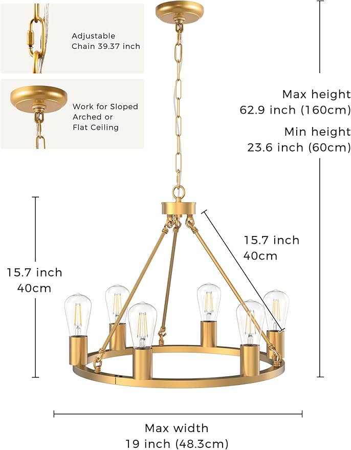L LOHAS LED Gold Farmhouse Chandeliers for Dining Room, 6-Light Wagon Wheel Chandelier Over Table, Height Adjustable, 19" Dining Room Light Fixtures, Modern Chandelier for Kitchen Island Living Room