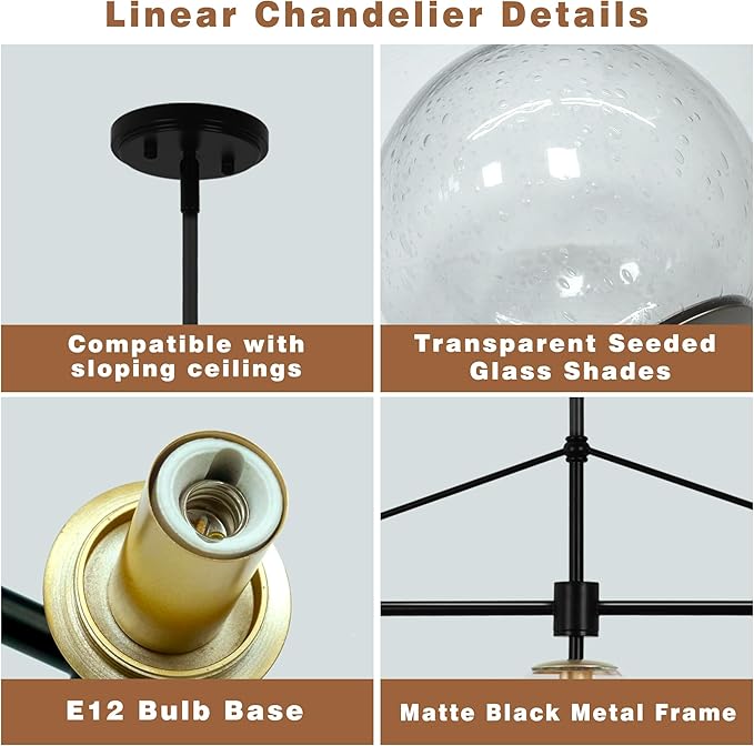 Modern Linear Chandelier Black and Gold Chandelier Dining Room Light Fixture 6 Lights Linear Pendant Light with Seedes Glass Globe Shade for Farmhouse Island Over Tble, Length 51.58 Inch