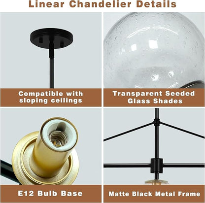 Modern Linear Chandelier Black and Gold Chandelier Dining Room Light Fixture 6 Lights Linear Pendant Light with Seedes Glass Globe Shade for Farmhouse Island Over Tble, Length 51.58 Inch