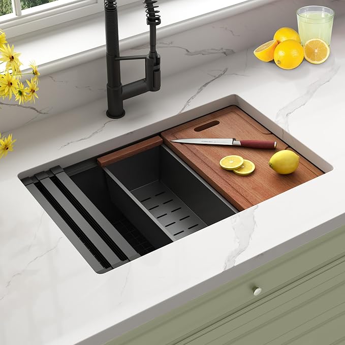 Black Undermount Kitchen Sink 28 inch,16 Gauge Stainless Steel Sinks,Single Bowl Workstation Sink,Modern Kitchen Sink Offset Drain (28" X 18")