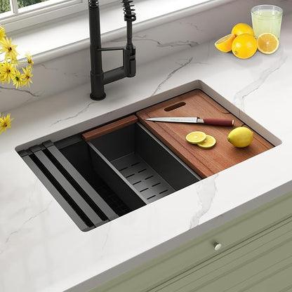 Black Undermount Kitchen Sink 28 inch,16 Gauge Stainless Steel Sinks,Single Bowl Workstation Sink,Modern Kitchen Sink Offset Drain (28" X 18")