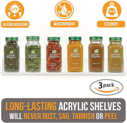 Wall Mounted Spice Rack Shelves [3-Pack] - Clear Acrylic 15" Spice Shelves with Open Shelf Ends