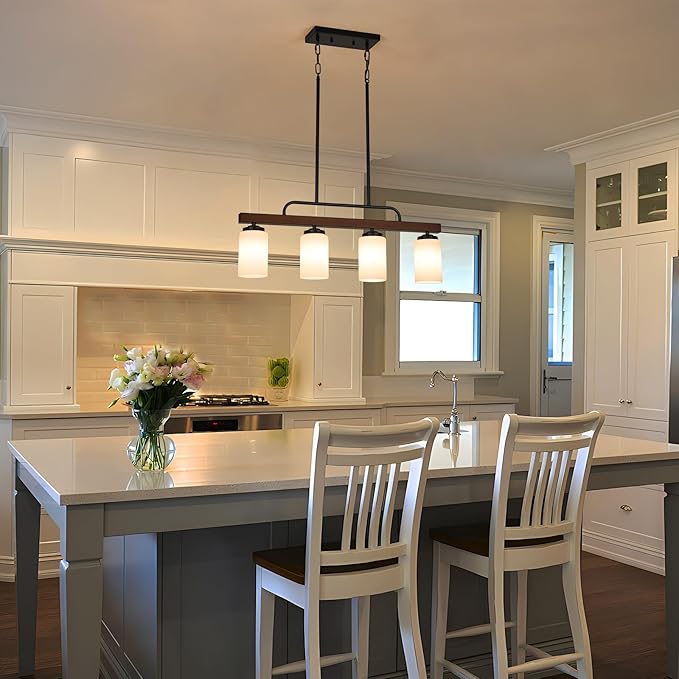 Farmhouse Dining Room Light Fixture Over Table, Black 4-Light Wood Kitchen Island Lighting with Milk White Glass, Industrial Linear Chandelier Pendant Lights