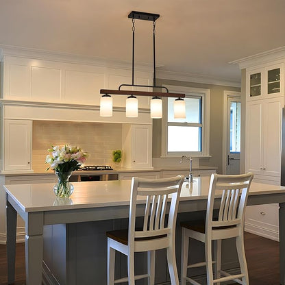 Farmhouse Dining Room Light Fixture Over Table, Black 4-Light Wood Kitchen Island Lighting with Milk White Glass, Industrial Linear Chandelier Pendant Lights