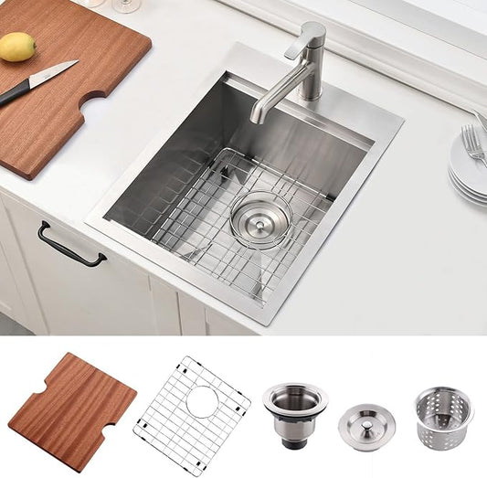 VAPSINT 15x20 Inch Drop In Bar Sink Workstation, 15x20x9 Topmount T304 Stainless Steel Small Kitchen Bar Sink, Handmade Single Bowl Basin for Laundry Wet Bar Prep RV Outdoor with Accessories