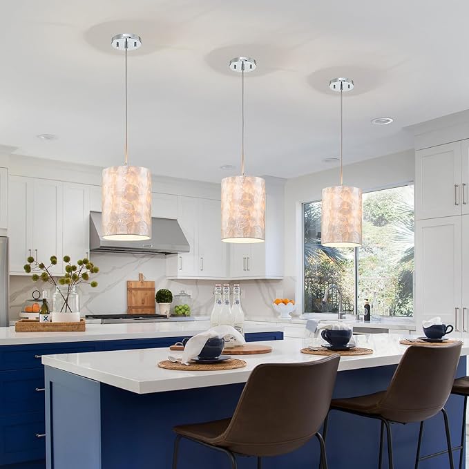 LumFurn 1-Light Capiz Shell Chandelier, Coastal Design Modern Pendant Light Fixture for Dining Room, Living Room, Kitchen Island, D7 x H18~66"(Adjustable Height), Shell Lampshade & Chrome Finish Frame