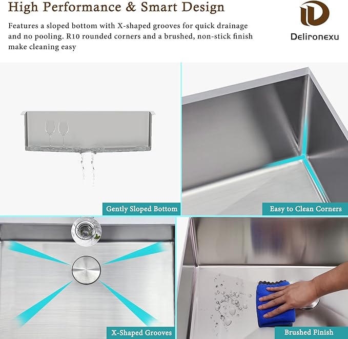 30 Inch Undermount Kitchen Sink - Delironexu 18 Gauge Stainless Steel Single Bowl Kitchen Sinks 30"x18"x9" Handmade Design with Brushed, Includes Drain Kit (No Additional Accessories)