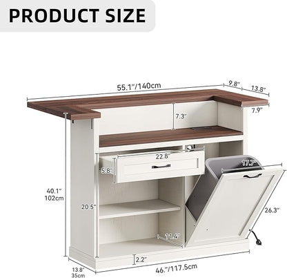 Kitchen Island with Seating, Rolling Kitchen Islands with Storage, 55" W Large Island Table, Breakfast Bar Counter with Drop Leaf, Trash Can Cabinet, Power Outlet for Dining Room, Walnut