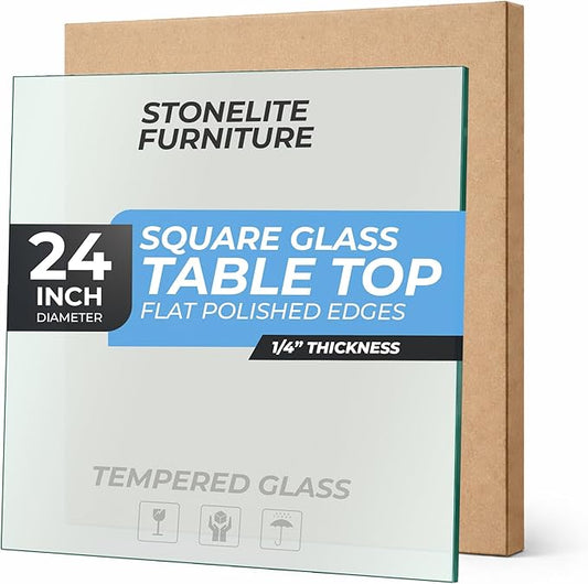 STONELITE FURNITURE 24" inch Square Tempered Glass Table Top - 1/4 inch Thickness & Flat Polished Edge - Clear Surface & Scratch Resistant - Ideal for Dining Room, Kitchen, Patio & Coffee Tables