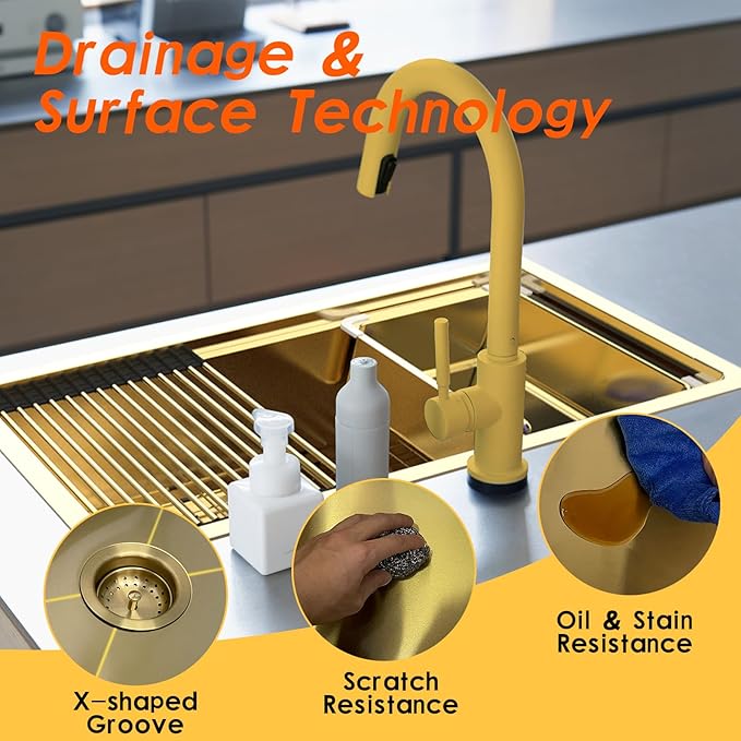 Gold Kitchen Sink Workstation, 30"x 18" Stainless Steel Single Bowl Kitchen Sink Workstation Undermount Or Top mount Workstation Sink With Matching Gold-tone Accessories For Luxurious Modern Kitchen