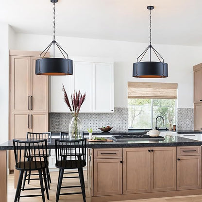 Drum Chandeliers for Dining Room,22 in Black Metal Dining Room Light Fixture Over Table, Industrial Modern Farmhouse Pendant Light for Kitchen,Entryway,Living Room