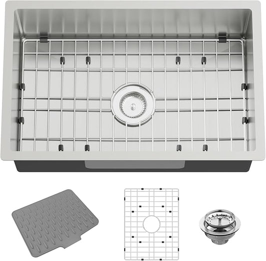 28x18 Inch Stainless Steel Kitchen Sink-Undermount Single Bowl Drop In Kitchen Sink Stylish And Modern Look Come With Bottom Grid,Silicon Mat And Drain Assembly Add Elegance & Enhance Usability