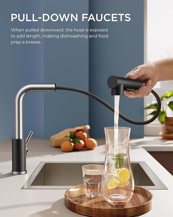 FORIOUS Kitchen Faucets with Pull Down Sprayer, Stainless Steel Single Handle Classic Pull Out Sink Faucet for Farmhouse Laundry RV Bar, with Deck Plate for 1 or 3 Holes, Black Chrome
