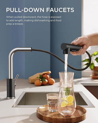 FORIOUS Kitchen Faucets with Pull Down Sprayer, Stainless Steel Single Handle Classic Pull Out Sink Faucet for Farmhouse Laundry RV Bar, with Deck Plate for 1 or 3 Holes, Black Chrome