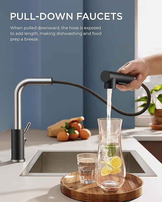 FORIOUS Kitchen Faucets with Pull Down Sprayer, Stainless Steel Single Handle Classic Pull Out Sink Faucet for Farmhouse Laundry RV Bar, with Deck Plate for 1 or 3 Holes, Black Chrome