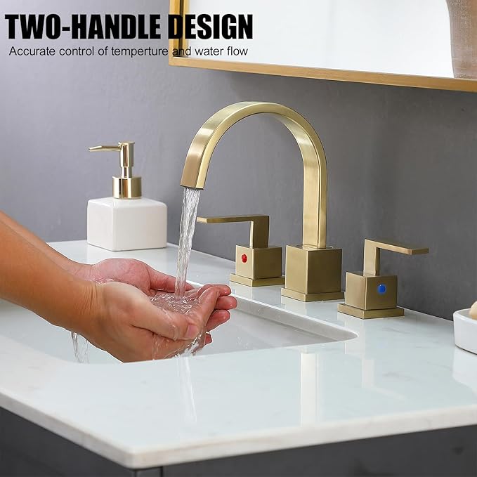 KINGO HOME Gold Bathroom Faucet, Brushed Gold Faucets Bathroom 3 Hole 8inch Widespread Waterfall 2 Handle Brass Faucets Bath Sink Vanity Faucet with Pop Up Drain and Supply Lines