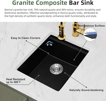 Davivy 15 x 17 x 10 Inch Black Granite Composite Bar Sink Workstation,15 inch Dual-Mount Bar Prep Sink, Small Single Bowl Design with Accessories