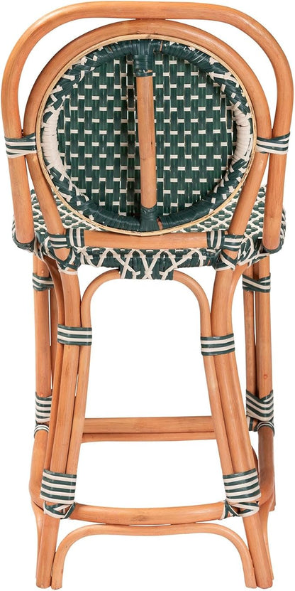 Bali & pari Mattie Rattan Bistro Counter Stool - Handwoven Accent Seating with Backrest for Kitchen Island or Indoor/Outdoor Lounge, Dark Teal Green & White