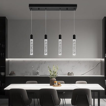4 Light Pendant Lights Kitchen Island, Modern Matte Black Crystal Pendants with Dimmable 3000K-6000K LED Ceiling Hanging Light Fixture for Dining Room Bedroom, Adjustable Height 59"