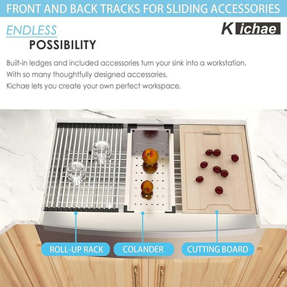 Kichae 30 Inch Farmhouse Sink Stainless Steel Apron Front Farm Sink for Kitchen, Undermount Workstation with Integrated Ledge 30x22 Deep Single Bowl