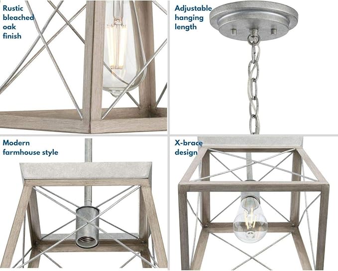 Progress Lighting Briarwood Collection 1-Light Bleached Oak Farmhouse Mini-Pendant Light, Galvanized, 9.00x10.00x10.00