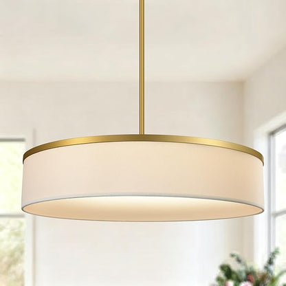 19.6 Inch Integrated LED Drum Chandeliers, 2800K Modern Fabric Pendant Light Fixture, White Linen and Gold Finish, Large Semi Flush Mount Lighting for Dining Room Bedroom Kitchen Entryway