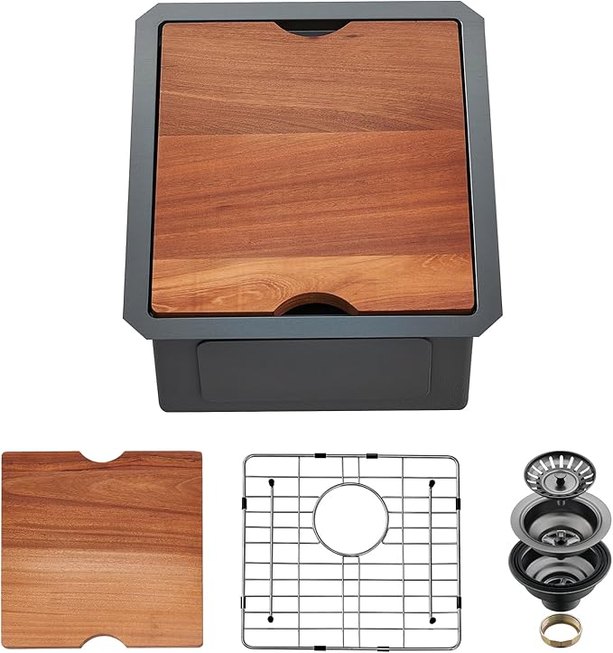 Undermount Kitchen Sink, 15 x 17 x 10 Inch Bar Sink 16 Gauge Gunmetal Black Stainless Steel Small Sink Kitchen Single Bowl Workstation with Cutting Board