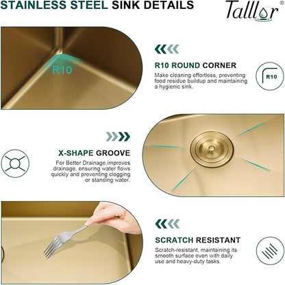 15 x 20 Inch Gold Drop In Bar Sink with Faucet, 16 Gauge 304 Stainless Steel Single Bowl Sink with Gold Finish for Kitchen Bars, RV, and Boat #TLT-0031